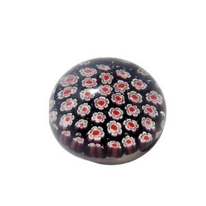 Vintage Art Glass Millefiori Paperweight Flowers Blue Purple Red White 3.5"
